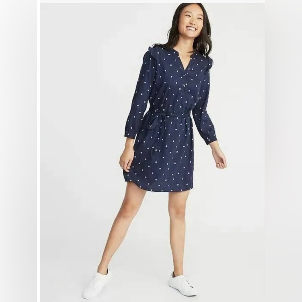 Old Navy Shirt Dress Long Sleeve Navy Polka Dot Pink Belt Cotton Blend (xs)